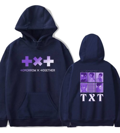 TXT Hoodie showing iconic images of the group
