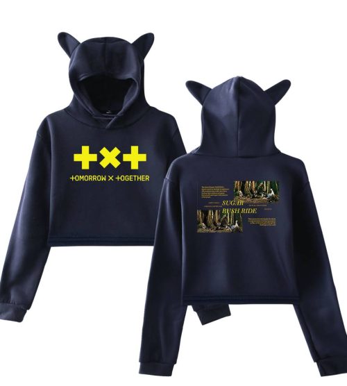 TXT Hoodie showing iconic images of the group